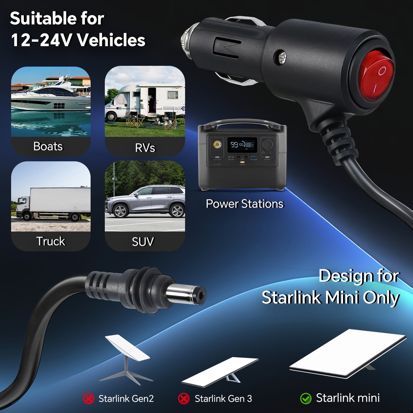 Starlink Mini Power Cable to Cigarette Lighter Plug w/ Switch, 3M/10FT 16AWG 12-24V Starlink Mini Power Cable DC to Cigarette Lighter Adapter for Car RV Boat Truck Camper