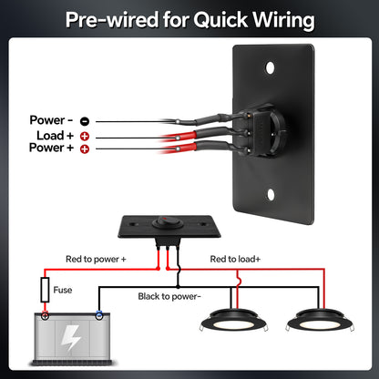 Aluminum Panel 12V Rocker Switch Red LED Lighted 20A SPST On/off Toggle Switch w/ 14 AWG Pre-wired Leads for RV Boat Truck Car Automotive or 12V/24V Circuit