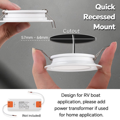 12V LED Puck Light, RV Boat Recessed Ceiling Light for Under Cabinet Camper Van Caravan Interior Lighting, 6 Pack White