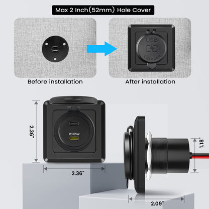 85W 12V USB C Socket 65W PD & 20W PD RV USB Outlet All-Aluminum