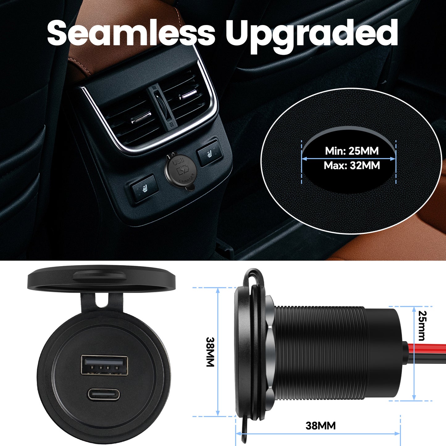 48W 12V USB Socket Outlet, USB C +USB A, Hole 1"(25mm)