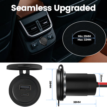 48W 12V USB Socket Outlet, USB C +USB A, Hole 1"(25mm)
