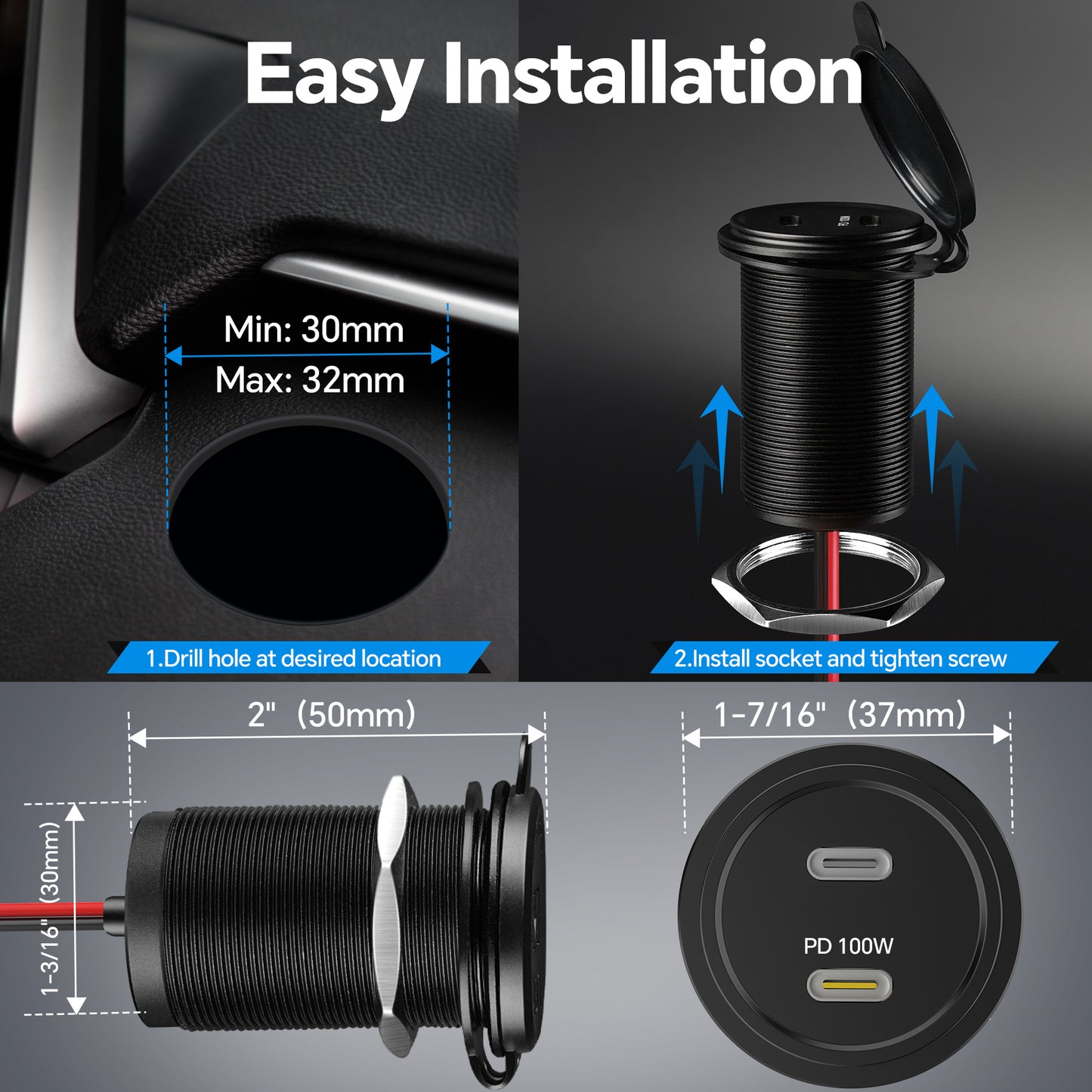 120W 12V USB C Socket 100W PD & 20W PD RV USB Outlet All-Aluminum