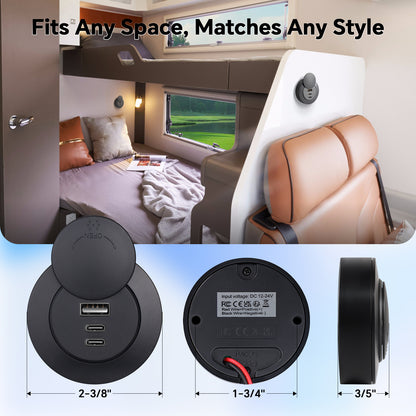 72W 3-Port RV USB Outlet, Surface Mount 12V USB Fast Charger Socket