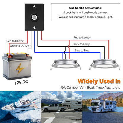 12V LED Puck Light Kit,  3” Recessed 12V Bi-color LED Downlight Full Aluminum for Boat Camper Van Trailer Motorhome, 3W CRI90+ Dual Color (12V Dimmer included)