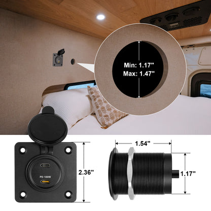 120W 12V USB C Socket 100W PD & 20W PD RV USB Outlet All-Aluminum