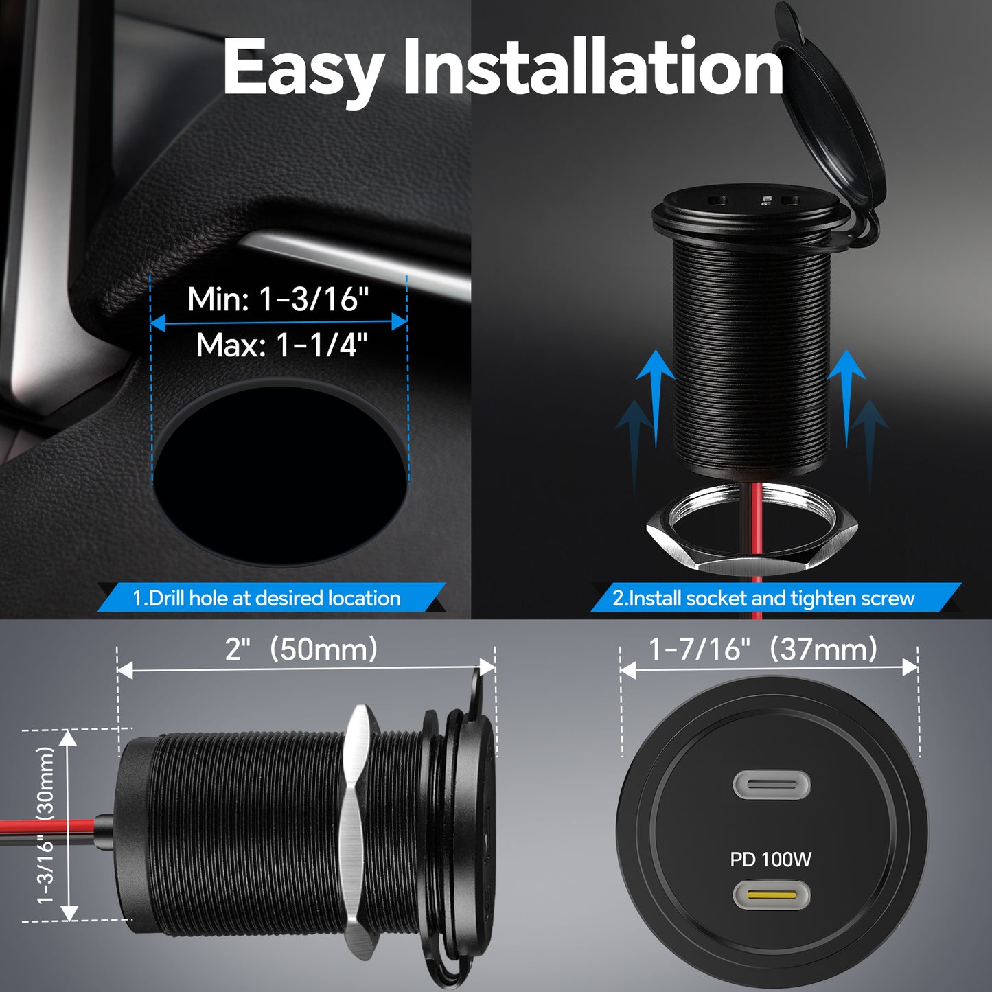 120W 12V USB C Socket 100W PD & 20W PD RV USB Outlet All-Aluminum