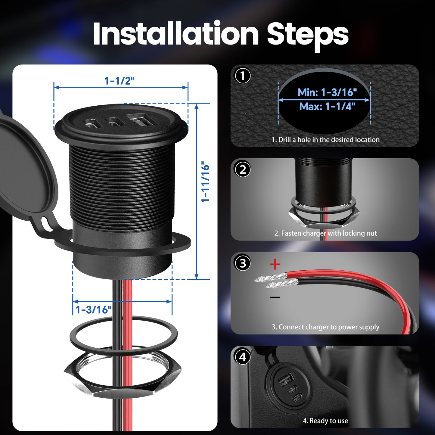 68W 3 Port 12V USB Socket Outlet, 2*USB C +USB A