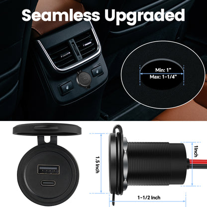 48W 12V USB Socket Outlet, USB C +USB A, Hole 1"(25mm)