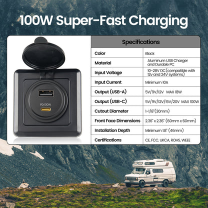118W 12V USB Socket Aluminum Outlet, 100W PD3.0 USB-C & 18W QC3.0 USB-A