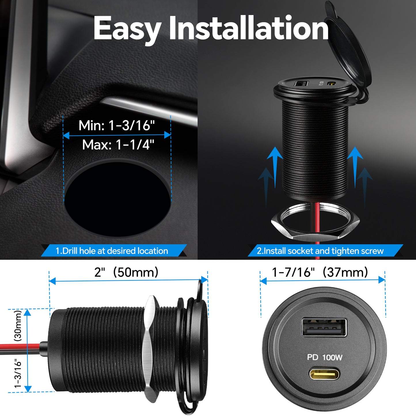 118W 12V USB Socket Aluminum Outlet, 100W PD3.0 USB-C & 18W QC3.0 USB-A