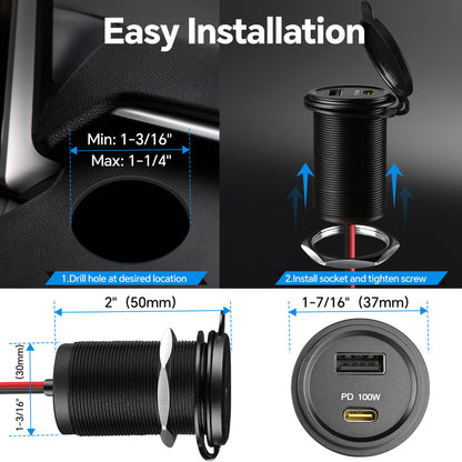 118W 12V USB Socket Aluminum Outlet, 100W PD3.0 USB-C & 18W QC3.0 USB-A