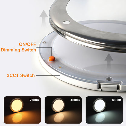 12V Stainless Ceiling Dome Light Campervan Boat 3 CCT 2700K/4000K/6000K Switchable & Dimmable, Surface Mount LED for Motorhome Camper Trailer Interior Lighting
