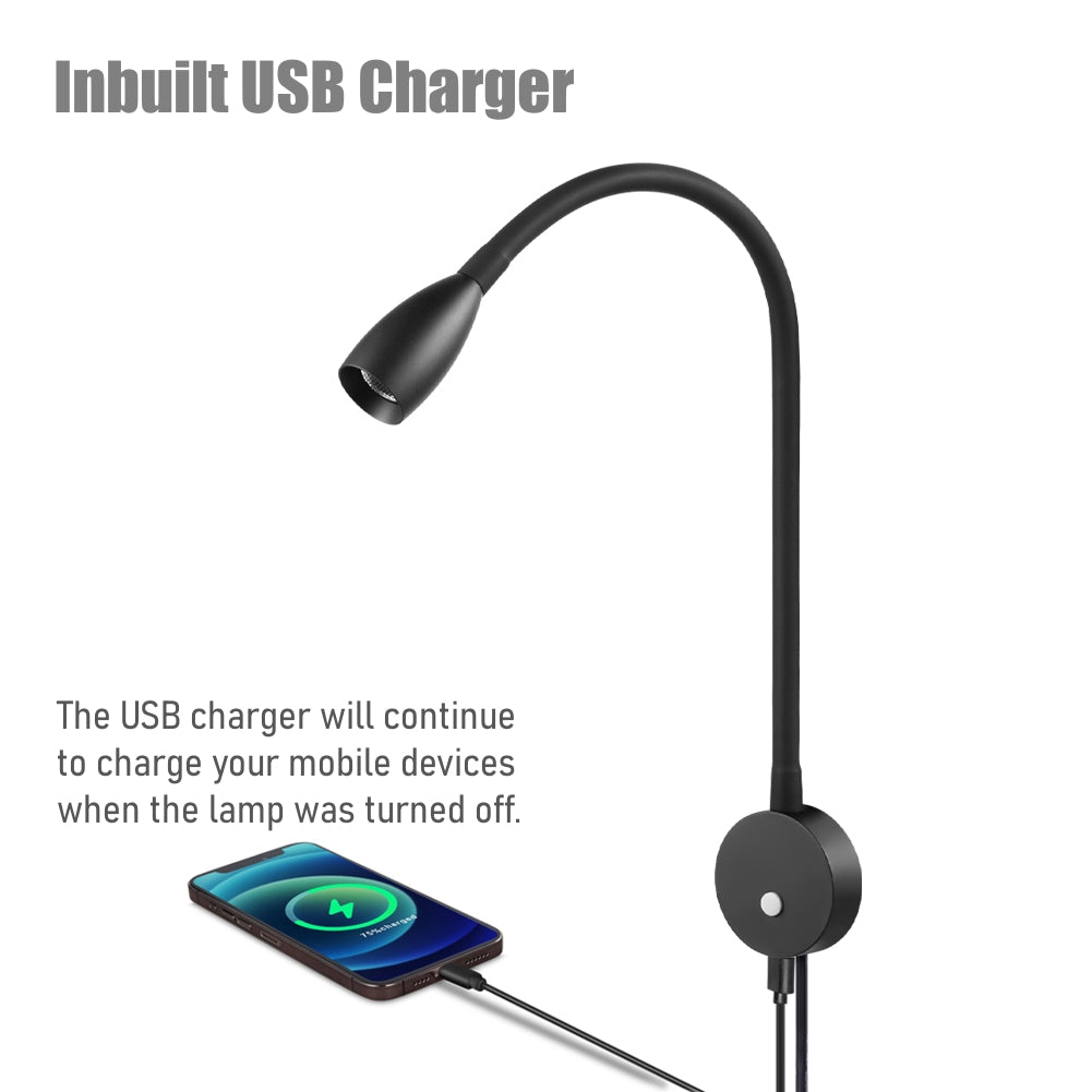 acegoo Minimalist Wall Mounted Bedside Reading Light Flexible Gooseneck Lamp with USB Charger, Headboard Dimmable Book Light-in Power Adapter