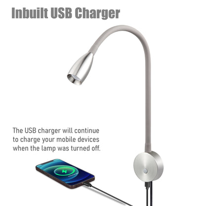 Minimalist Wall Mounted Bedside Reading Light Flexible Gooseneck Lamp with USB Charger, Headboard Dimmable Book Light