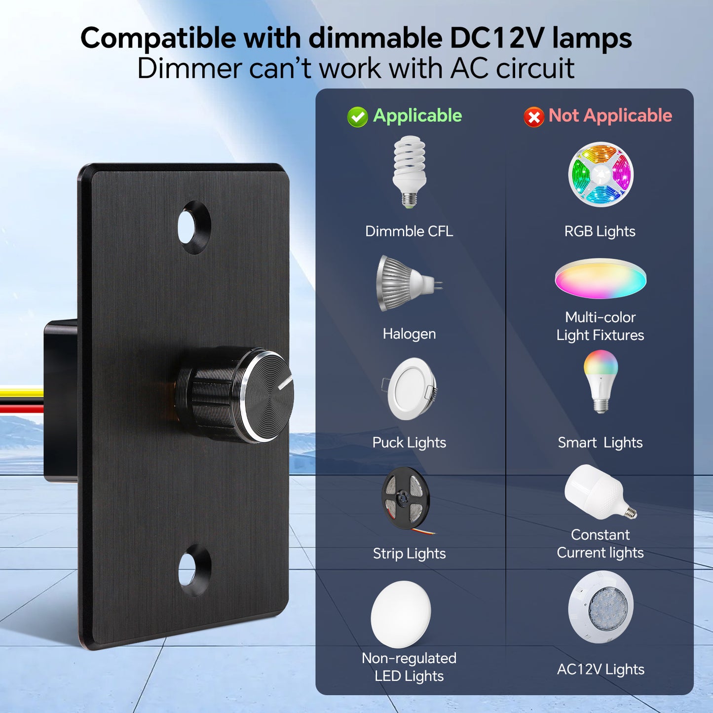 12V Dimmer Switch, 6A RV Light High-side PWM Dimmer, Perfect for Caravan Van Boat Truck Cars Strip Light and 12V LED Light Fixture, Rotary Dimming