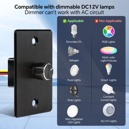 12V Dimmer Switch, 6A RV Light High-side PWM Dimmer, Perfect for Caravan Van Boat Truck Cars Strip Light and 12V LED Light Fixture, Rotary Dimming
