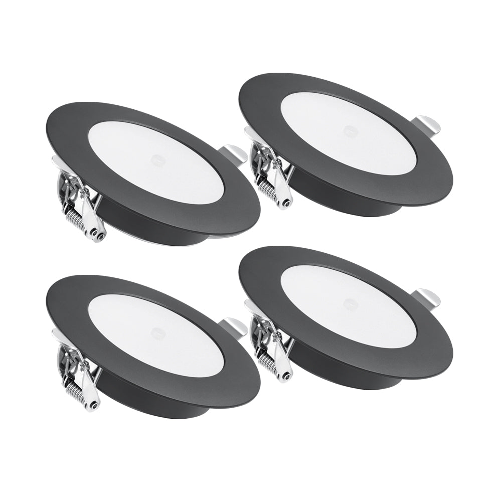 12V LED Puck Light, RV Boat 12V Recessed Ceiling Light Under Cabinet with Press Dimmer, Dimmable White Light & Blue Nightlight, 3-1/4” Full Aluminum 4-Pack