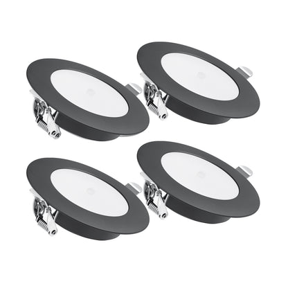 12V LED Puck Light, RV Boat 12V Recessed Ceiling Light Under Cabinet with Press Dimmer, Dimmable White Light & Blue Nightlight, 3-1/4” Full Aluminum 4-Pack