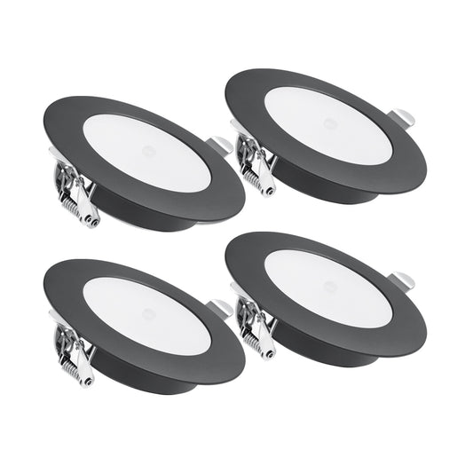 12V LED Puck Light, RV Boat 12V Recessed Ceiling Light Under Cabinet with Press Dimmer, Dimmable White Light & Blue Nightlight, 3-1/4” Full Aluminum 4-Pack