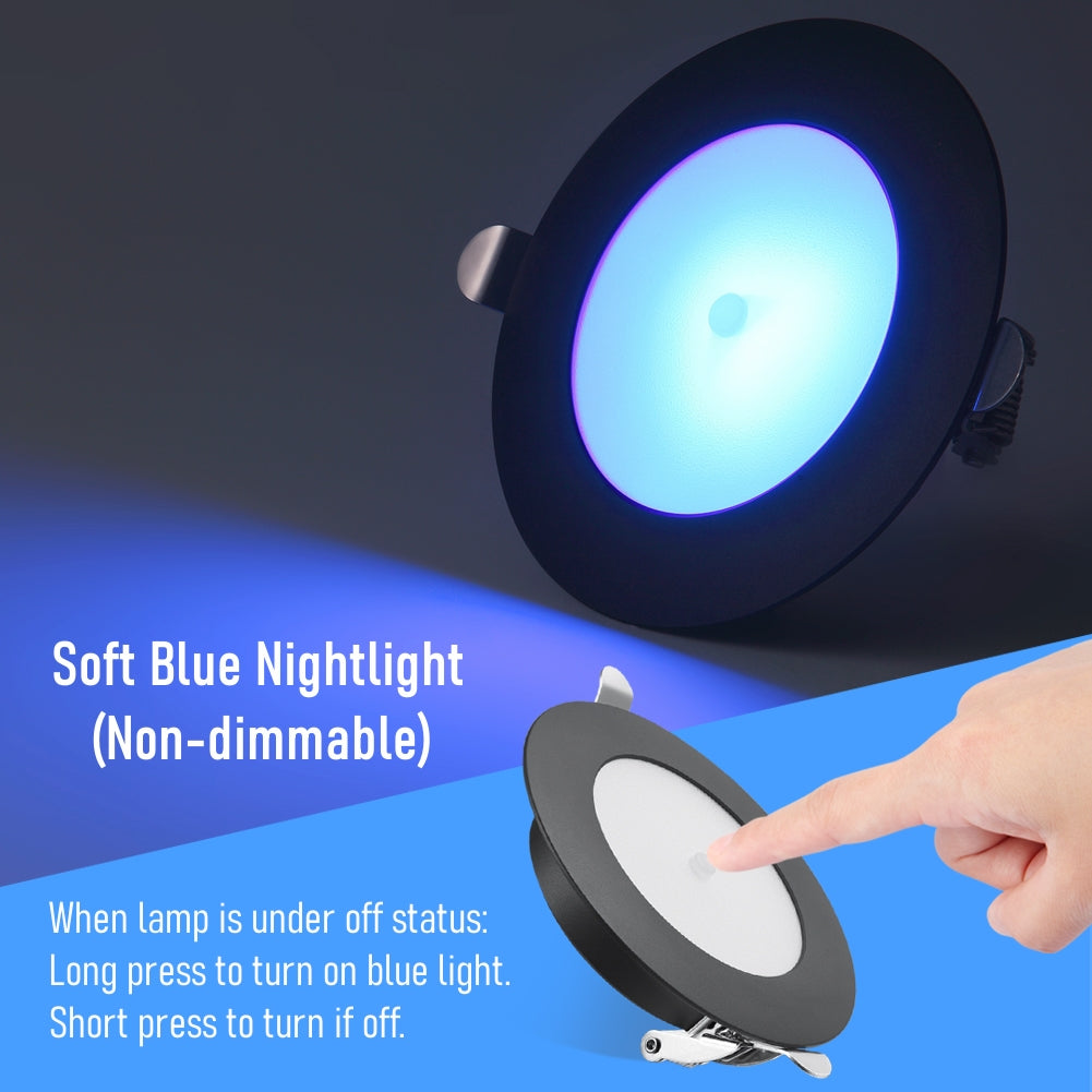 12V LED Puck Light, RV Boat 12V Recessed Ceiling Light Under Cabinet with Press Dimmer, Dimmable White Light & Blue Nightlight, 3-1/4” Full Aluminum 4-Pack