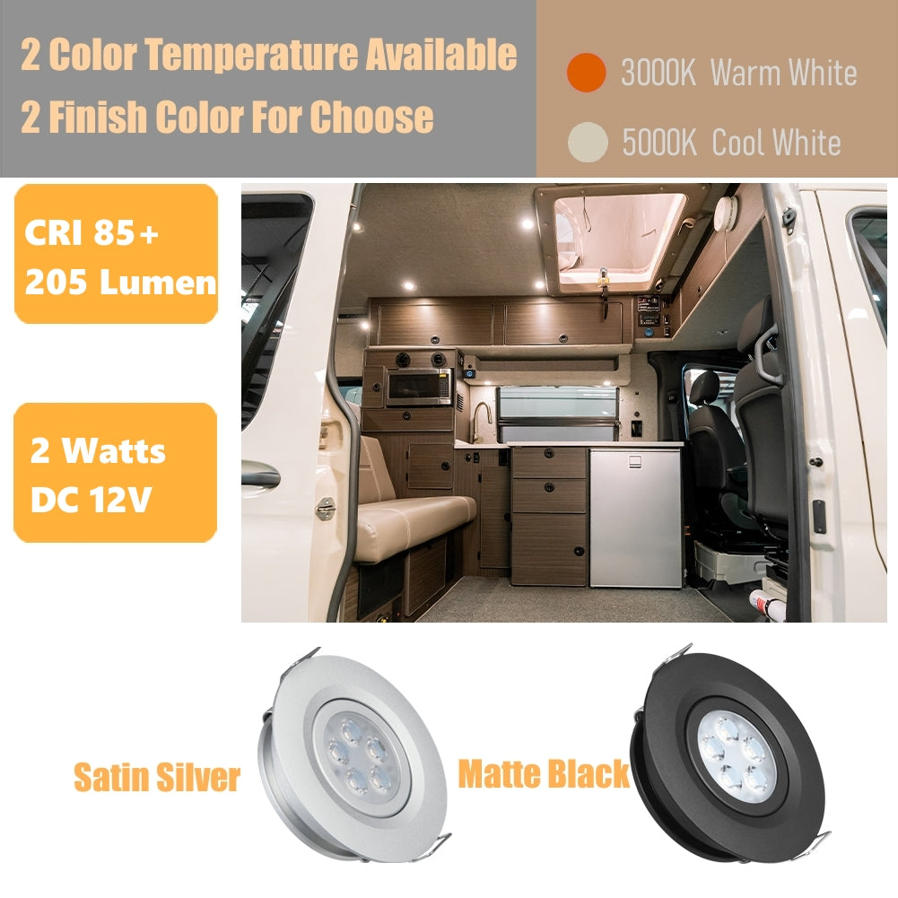 12V LED Puck Light Swivel RV Recessed LED Spotlight 36° Beam Angle Vertical 70° Adjustment,Full Aluminum Diameter 2-3/4 Inch Silver