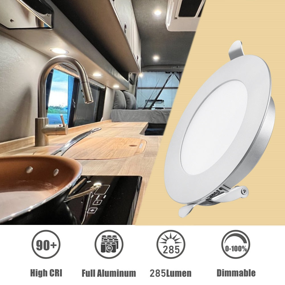 12V LED Puck Light, RV Boat Recessed LED Ceiling Light Overhead 3-1/4 Inch Flush Mount Full Aluminum CRI 90+ Silver