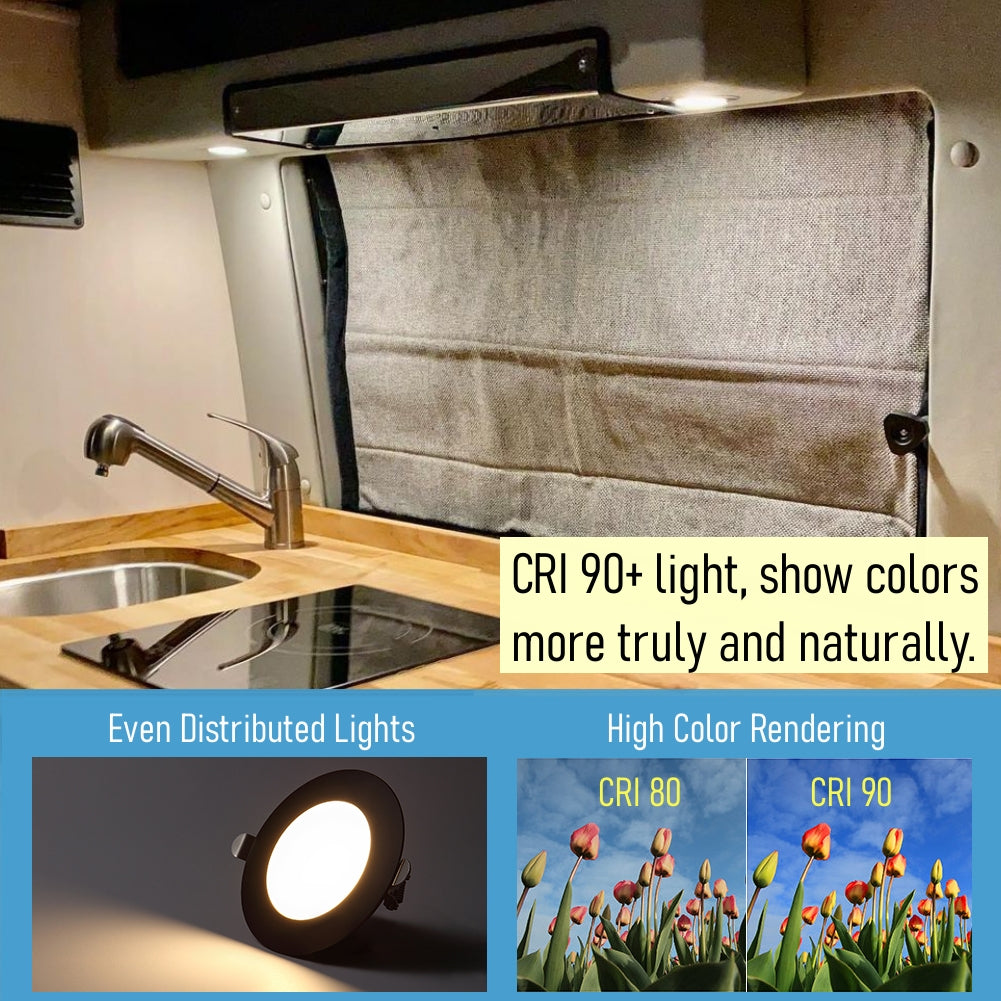 12V LED Puck Light, RV Boat 12V Recessed Ceiling Light Under Cabinet with Press Dimmer, Dimmable White Light & Blue Nightlight, 3-1/4” Full Aluminum 4-Pack