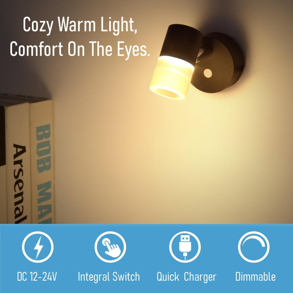 12V LED Reading Light, RV Bedside Swivel Wall Lamp Built-in High-Speed USB Charger, Frosted Acrylic Press Dimmer Switch, Black