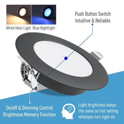 12V LED Puck Light, RV Boat 12V Recessed Ceiling Light Under Cabinet with Press Dimmer, Dimmable White Light & Blue Nightlight, 3-1/4” Full Aluminum 4-Pack