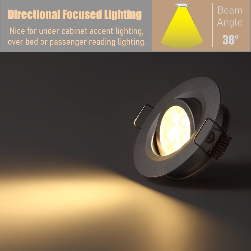 12V LED Puck Light Swivel RV Recessed LED Spotlight 36° Beam Angle Vertical 70° Adjustment,Full Aluminum Diameter 2-3/4 Inch Silver