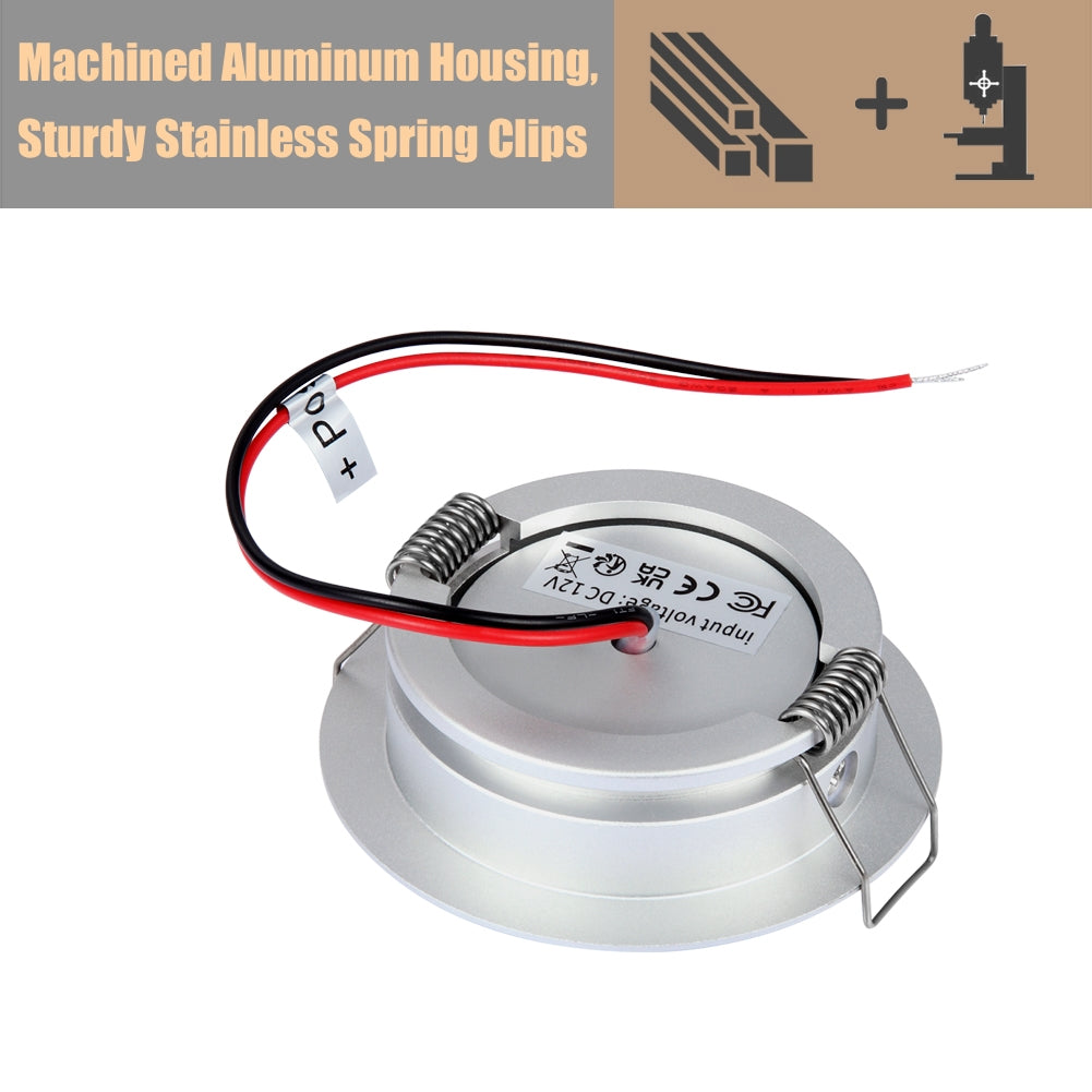 12V LED Puck Light Swivel RV Recessed LED Spotlight 36° Beam Angle Vertical 70° Adjustment,Full Aluminum Diameter 2-3/4 Inch Silver
