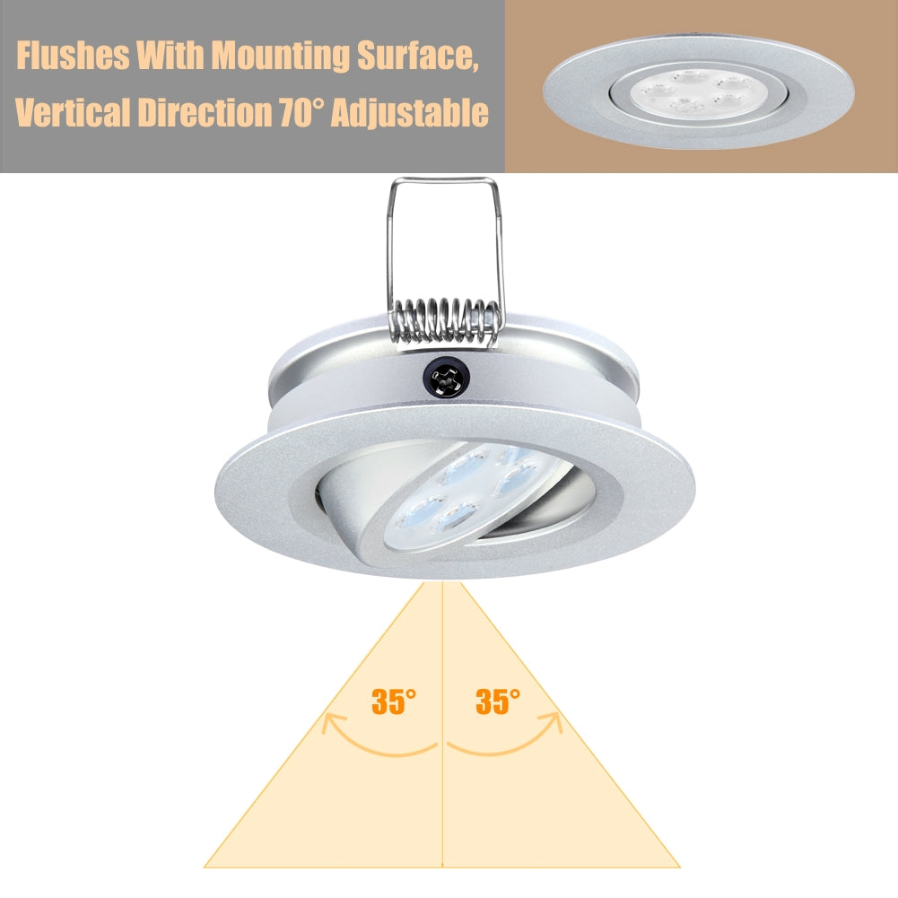 12V LED Puck Light Swivel RV Recessed LED Spotlight 36° Beam Angle Vertical 70° Adjustment,Full Aluminum Diameter 2-3/4 Inch Silver