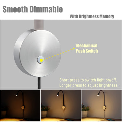 Minimalist Wall Mounted Bedside Reading Light Flexible Gooseneck Lamp with USB Charger, Headboard Dimmable Book Light