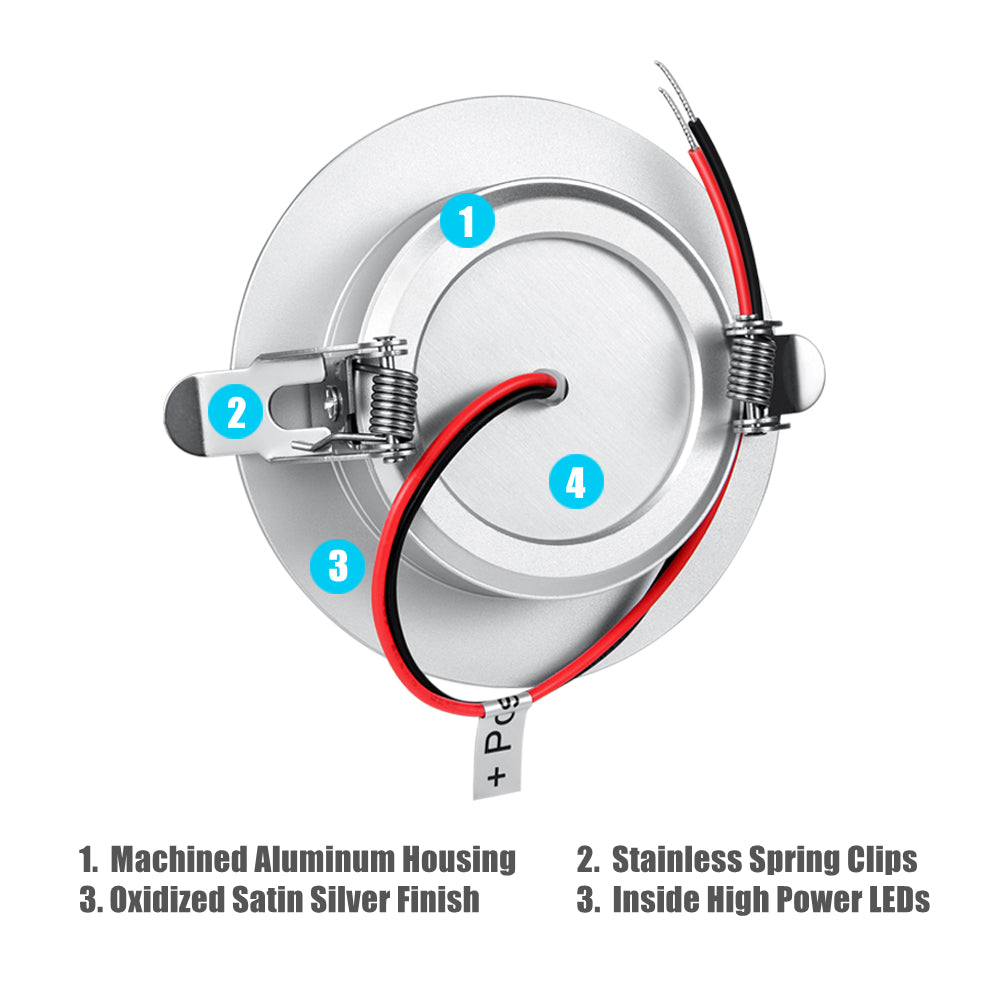 12V LED Puck Light, RV Boat Recessed LED Ceiling Light Overhead 3-1/4 Inch Flush Mount Full Aluminum CRI 90+ Silver