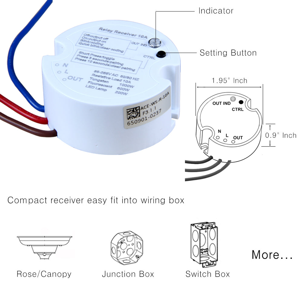 Acegoo Wireless Lights Switch Kit - Self-Powered Battery Free Transmitter with Receiver Remote Control House Lighting & Appliances (Switch, Receiver Included) 10A
