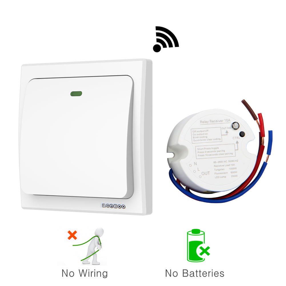 Acegoo Wireless Lights Switch Kit - Self-Powered Battery Free Transmitter with Receiver Remote Control House Lighting & Appliances (Switch, Receiver Included) 10A