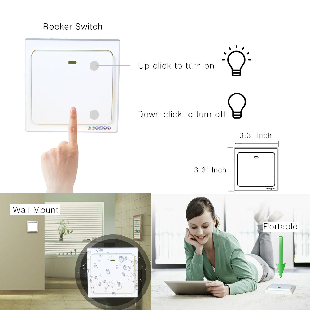 Acegoo Wireless Lights Switch Kit - Self-Powered Battery Free Transmitter with Receiver Remote Control House Lighting & Appliances (Switch, Receiver Included) 10A
